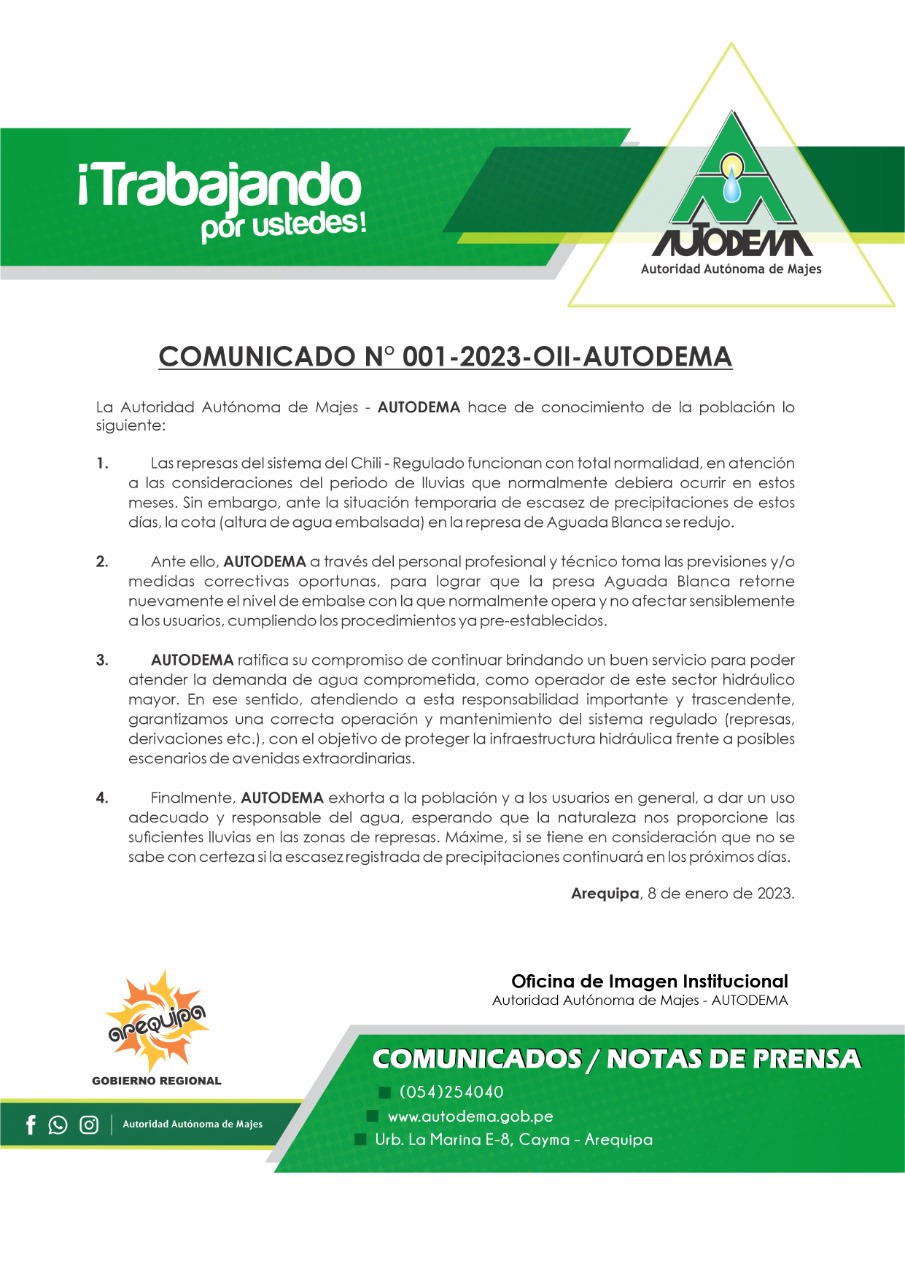 COMUNICADO N 001 2023 OII AUTODEMA AUTODEMA Proyecto Especial